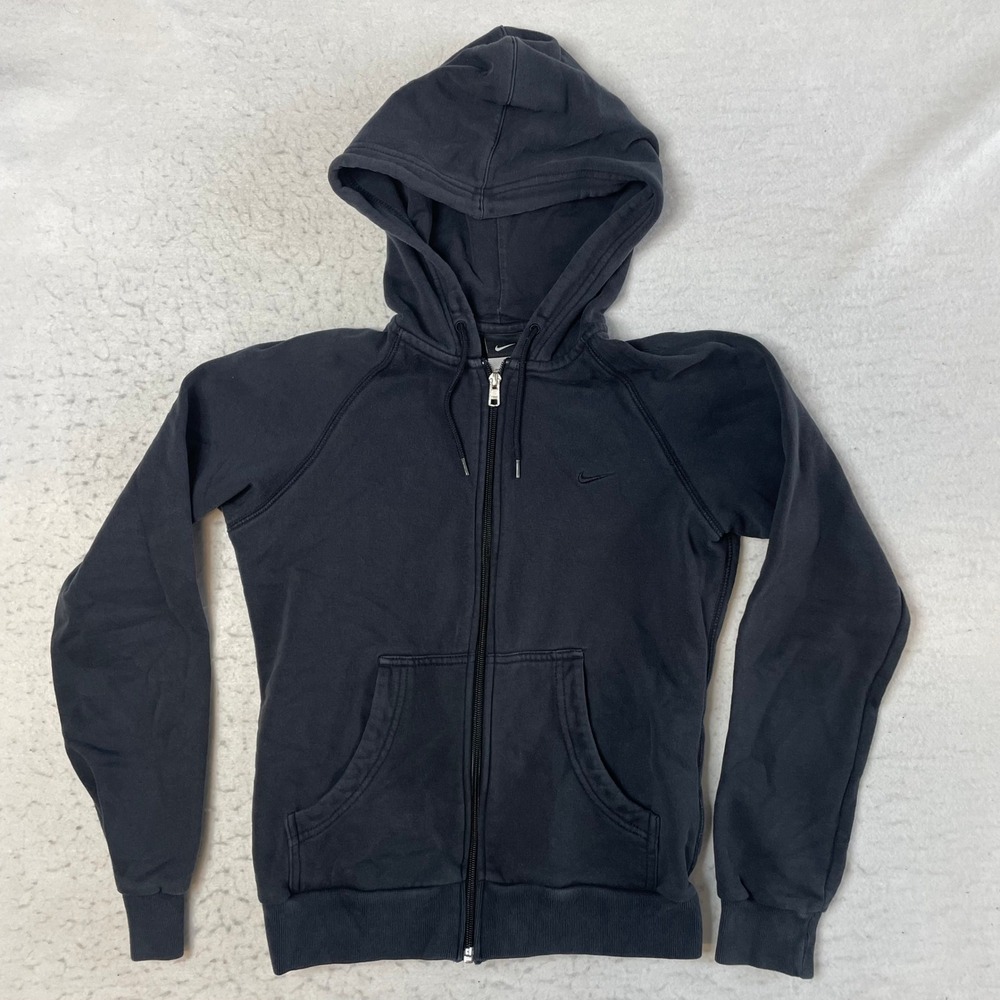 Nike‎ Full Zip Hoodie Womens Small Black Raglan Sleeve Embroidered Swoosh Logo